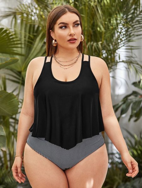 

plus striped hanky hem bikini swimsuit m7ah#, Black