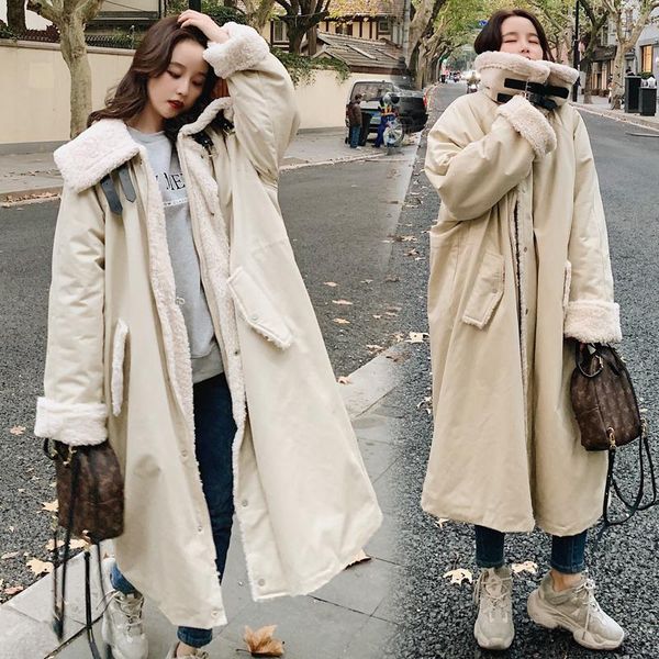 

women's down & parkas lamb wool coat 2021 winter pie overcoming long large lapel locomotive loose long-sleeved thick warm fashion jacke, Black