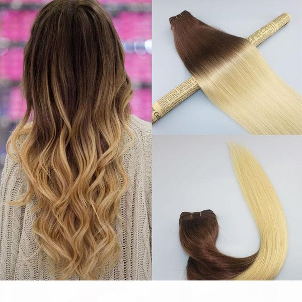 

human hair weave ombre dye color brazilian virgin hair weft bundle extensions two tone 4#brown to #613 bleached blonde, Black