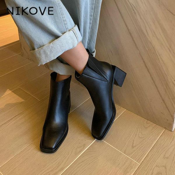 

boots nikove 2021 ankle square toe lace up simple and fashio cow leather high heel fashion ladies shoes size 34-41, Black