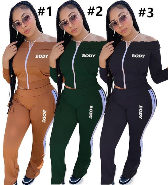 

women clothes body letters off shoulder long sleeve zipper jacket pants embroidery two pieces outfits sports suits 3 colors d102805, White