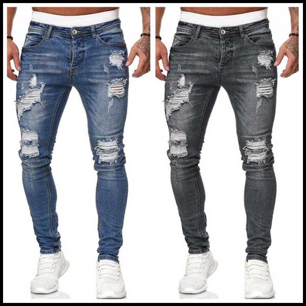 

2021 new 5 colors men's ripped jeans fashion slim denim pencil pants street hipster cowboy trousers s-3xl drop shipping, Blue