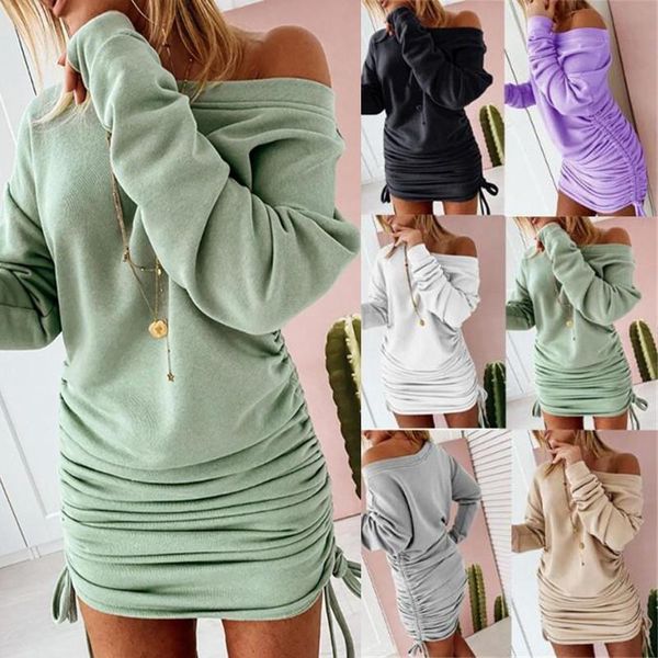 

women off shoulder mini dress ladies lace up party bodycon dress dresses drawstring ruffled long sleeve vestidos, Black;gray