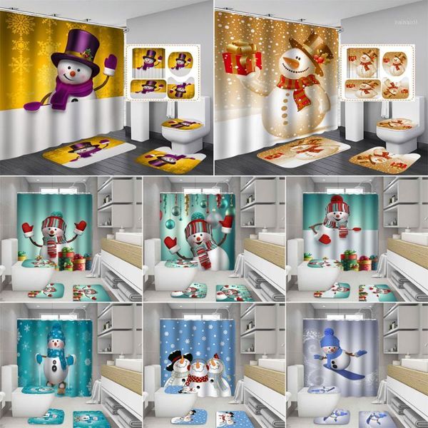

snowman pattern shower curtain waterproof merry christmas bathroom curtains anti-skid bath rugs carpet toilet cover1