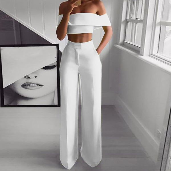 

off the shoulder women's 2 piece set crop long pants party suit women solid short sleeve wide leg elegant suits 201008, White