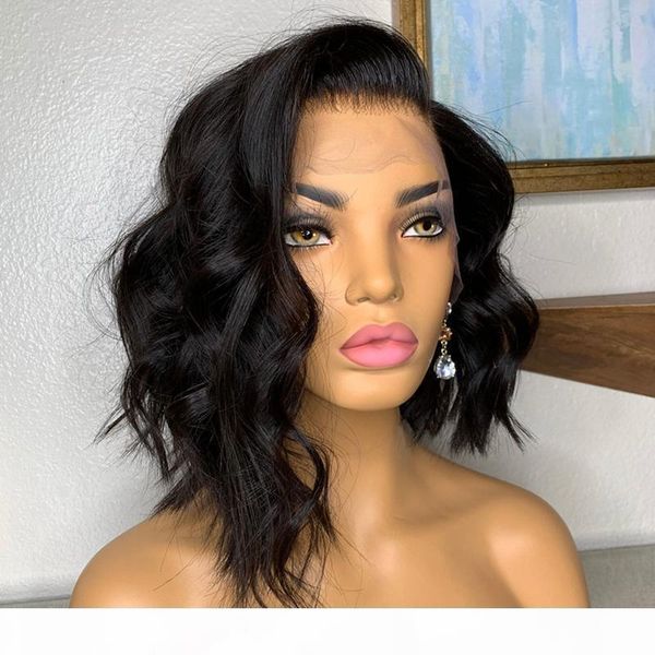

short wavy bob wig lace front human hair wigs bleached knots virgin brazilian 13x5 lace wig pre plucked natural hairline, Black;brown