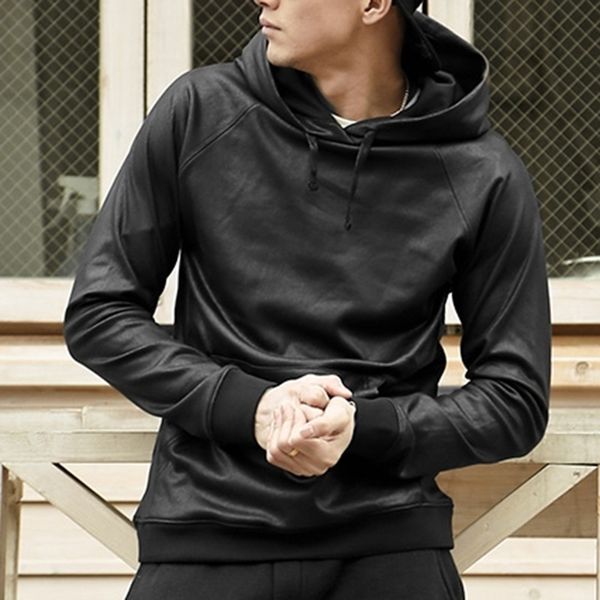 Männer neue elastische Leder Baumwolle schwarz Hoodie Herren Rollkragen Hut Mode lässig hohe Qualität Winter Marke Design Hoodies F0014 201020