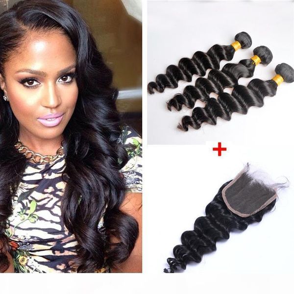 

brazilian loose deep wave human virgin hair weaves with 4x4 lace closure bleached knots 100g pc natural color double wefts hair extensions, Black;brown