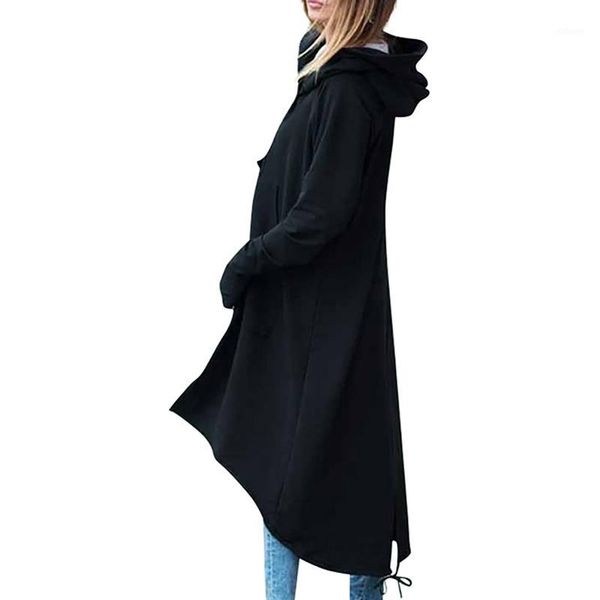 

autumn winter women coats loose long sleeves hooded female plus size velvet thick zipper irregular long coat multi-color1, Black