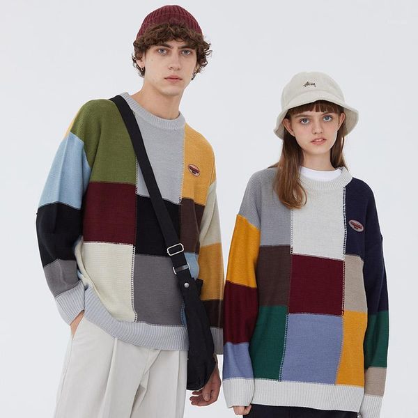 

hip hop color block patchwork sweater vintage retro streetwear knitted sweater harajuku 2021 mens autumn cotton pullover grey1, White;black