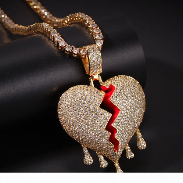 

iced out drip hearts necklace pendant with rope chain gold silver color cubic zircon hip hop jewelry