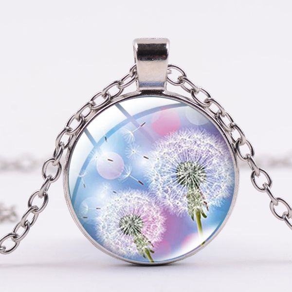 

charm purple dandelion lucky necklace flowers art printed glass crystal dome pendant plant jewelry for female party, Silver