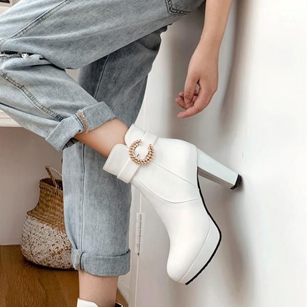

boots pxelena fashion high heels ankle women crystal round toe black white pink office ladies dress party wedding shoes big size1