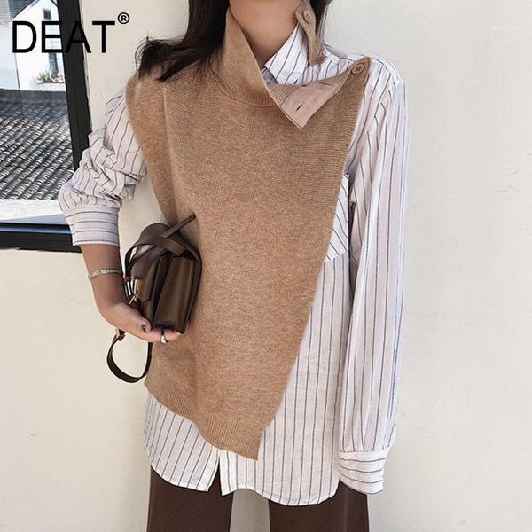 

women's blouses & shirts [deat] 2021 fashion korean leisure women's blouse full sleeve striped knit patchwork slim fit fake two pi, White