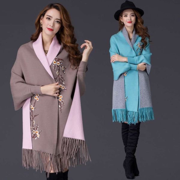

autumn and winter new women's scarf style shawl coat tassel cardigan embroidery plum blossom bat sleeve sweater cape, White;black