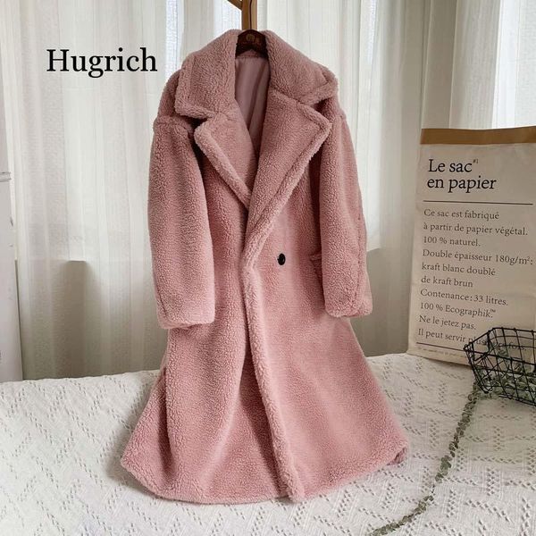 

pink long teddy bear women winter 2020 thick warm oversized chunky outerwear overcoat women faux lambswool fur coats, Black