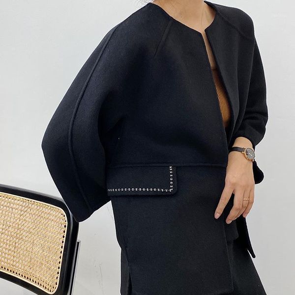 

women's woolen coat solid color new wool coat medium length woolen round neck double faced1, Black