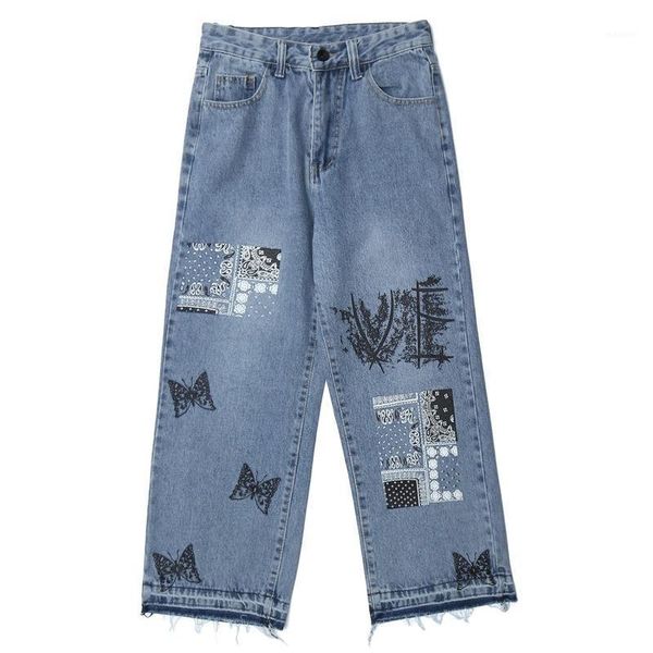 

streetwear vintage denim pants patchwork butterfly print streetwear jeans harajuku hip hop pants jogger men trouser1, Blue