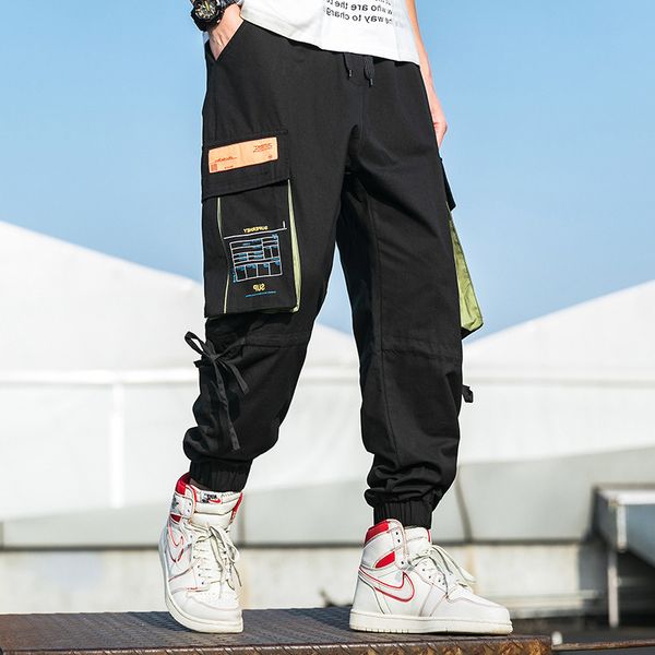 

japanese cargo black trousers summer new trendy brand pockets loose casual men's jogging safari style pants