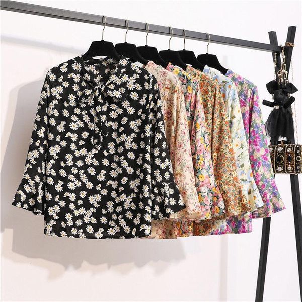 

women's party blouses 2020 spring autumn long sleeve bow neck flower shirts petal sleeve blusas floral chiffon for woman, White