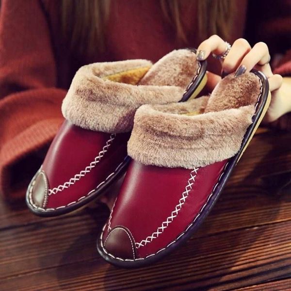 

winter women slippers genuine leather home house indoor non-slip thermal shoes men warm furry slippers plus size y201026, Black