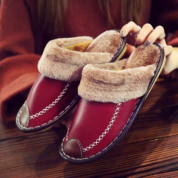 Inverno Mulheres Genuíno Couro Casa Interior Não-Slip Sapatos Térmicos Homens Quentes Chinelos Peludos Plus Size Quente Y201026 Gai Gai Gai