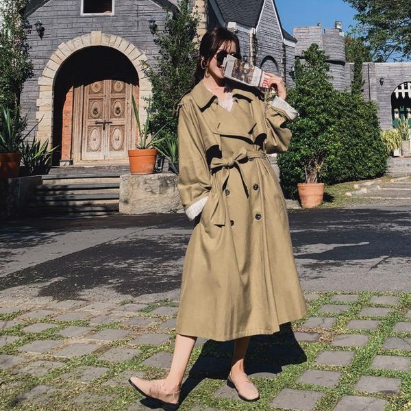 

2021 new korean women's clothing spring autumn retro chic lapel long trench coats women outerwear x7851, Tan;black