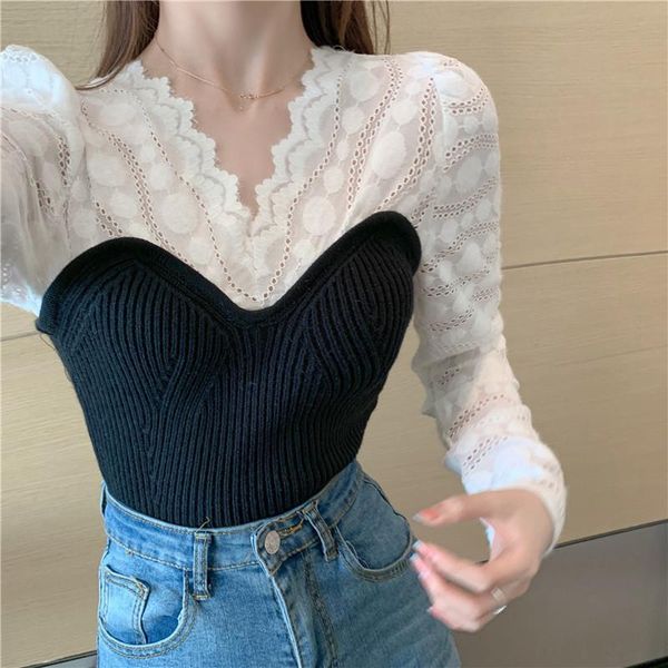 

new 2021 women's knitted shirt spring fashion long fall sleeve v neck retro-chiffon lace base couture y503 wzkd jxf9, White;black