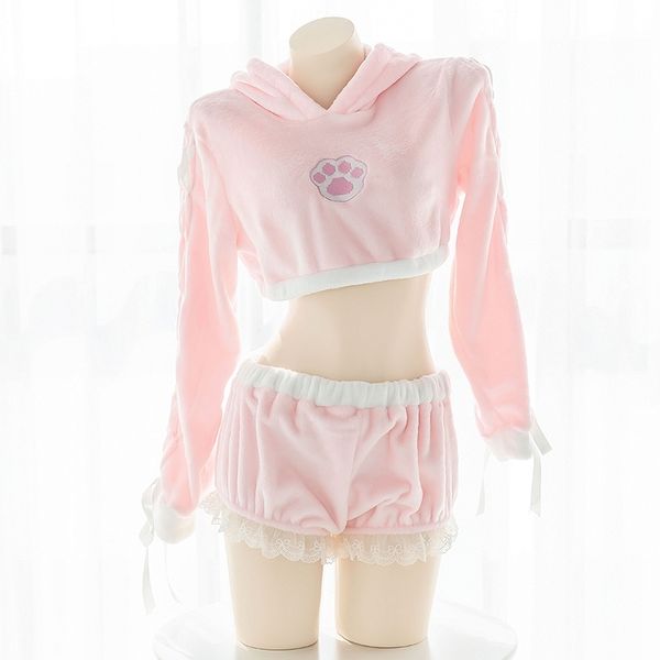 

japanese lolita sweet girl bunny pajamas set kawaii cat paw bunny plush homewear pink cropped hoodies rabbit sleepwear 200930, Red;black