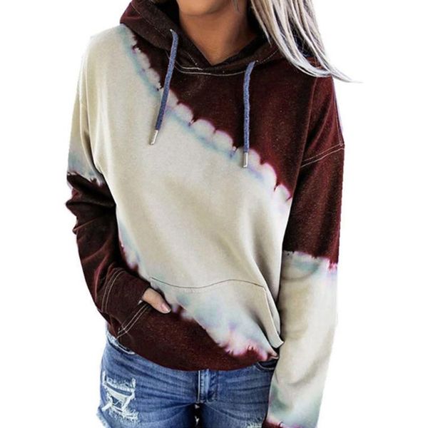 

women sweatshirt casual long sleeve hooded tie dye print diagonal stripe color block pullover sweatshirt warm pocket hoodie, Black