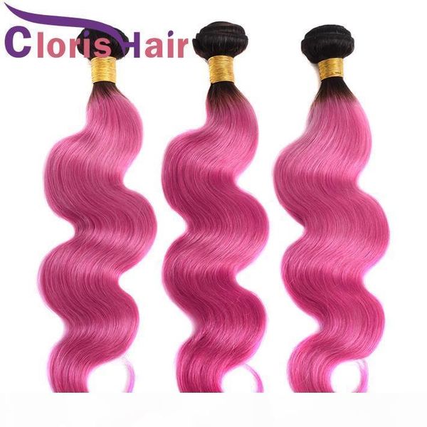 

two tone peruvian virgin body wave hair weaves 1b pink ombre human hair 3 bundles selling dark roots rose pink colored hair extensions, Black