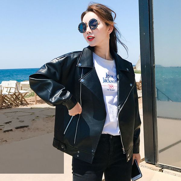 

new autumn women pu leather jacket woman zipper short coat female black punk bomber faux leather outwear s-xxl t200820, Black;brown