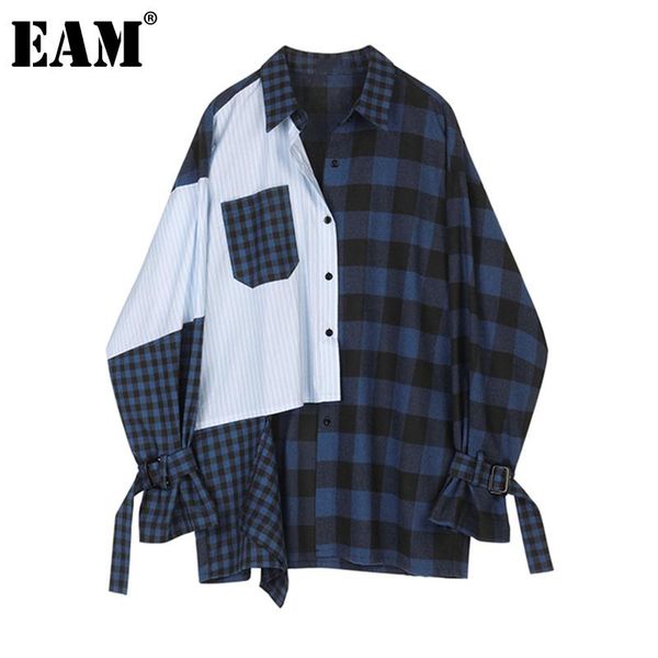 

eam] women dark blue striped big size blouse new lapel long sleeve loose fit shirt fashion tide spring summer 2020 1z254, White