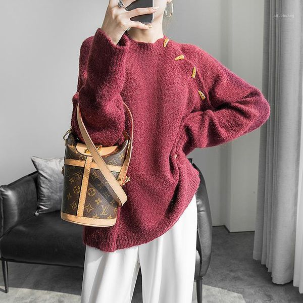 

2020 new autumn winter woman sweaters fashion retro chinese style ox horn buckle soft long sleeve crew neck plus size1, White;black