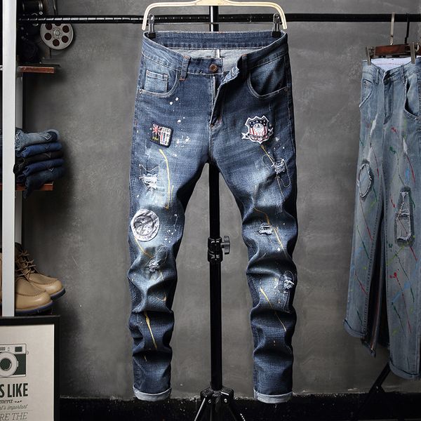 

2d jeans men fall and winter new european and american wind elastic hole jeans mens graffiti ink-splash small leggings, Blue