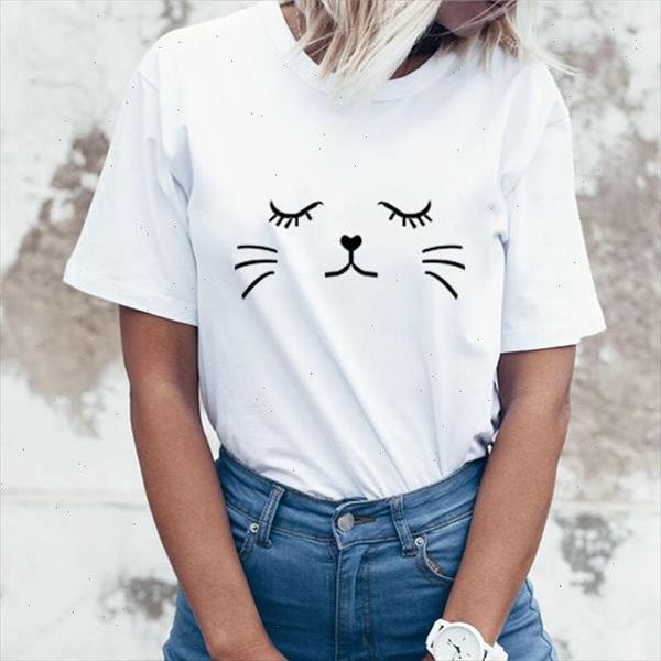 

hillbilly 2021 cat cute face printed for girls women summer kawaii short sleeve cotton selling ropa de gato mujer, White