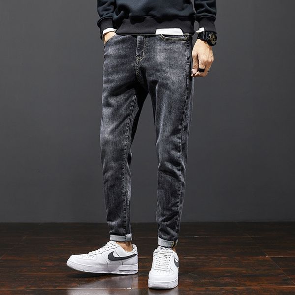 

2021 new korean style fashion men jeans slim fit elastic retro black gray denim trousers streetwear vintage designer pants 9a6e, Blue
