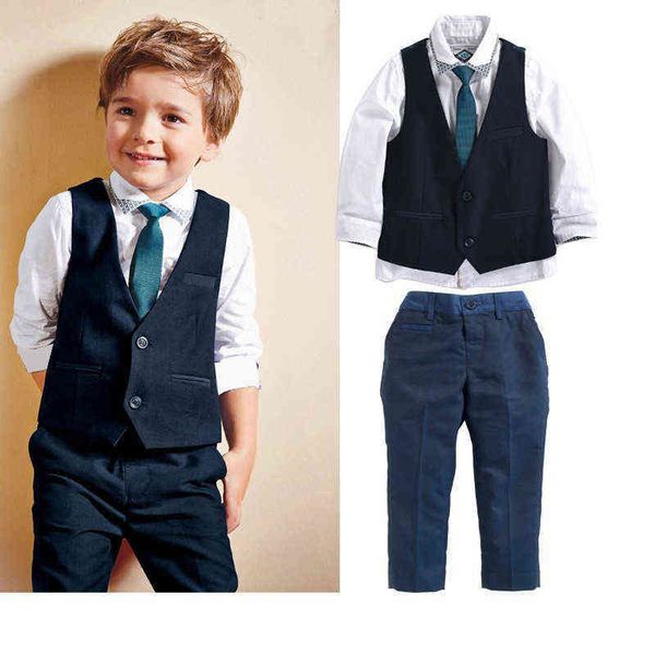 

3pieces set autumn children's leisure clothing sets kids baby boy suit vest gentleman clothes for weddings formal clothing k1 g220310, White