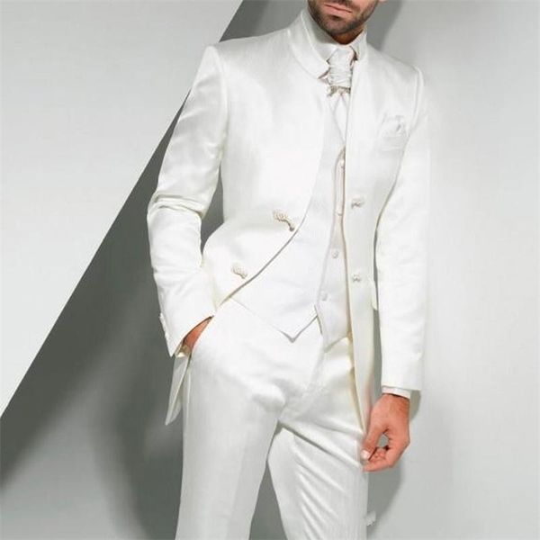 Vintage Uzun Beyaz Uzun Düğün Smokin Damat Üç Parça Için Özel Yapılmış Resmi Erkekler Suits (Ceket + Pantolon + Yelek) Terno 201106