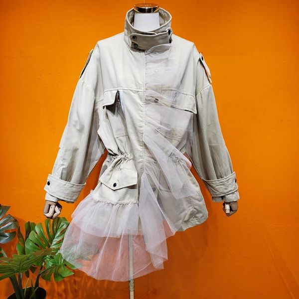 

2020 retro mesh stitching handsome high waist loose loose slim trench coat 0228, Black;brown