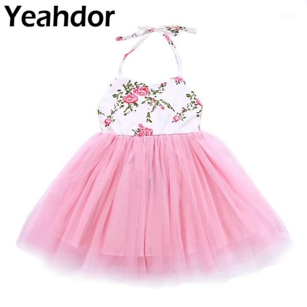 

summer girls dress sleeveless halter neck floral printed backless baby tulle princess dresses sundress girl casual party dress1, Red;yellow