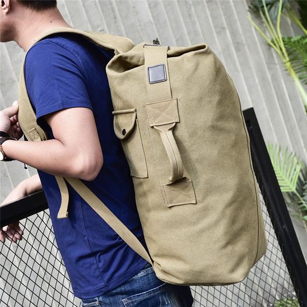 

2021 new men's backpack casual travel large capacity men's solid color canvas backpack fashion bucket