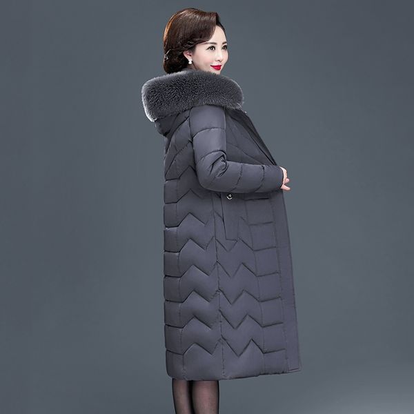 

x-long women coats slim office ladies solid women's winter jacket hooded with fur collar thick cotton padded plus size parkas 201030, Black