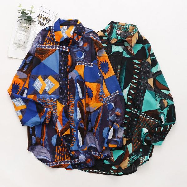 

printed shirt women ink geometric print shirt long-sleeved loose sunscreen retro, White