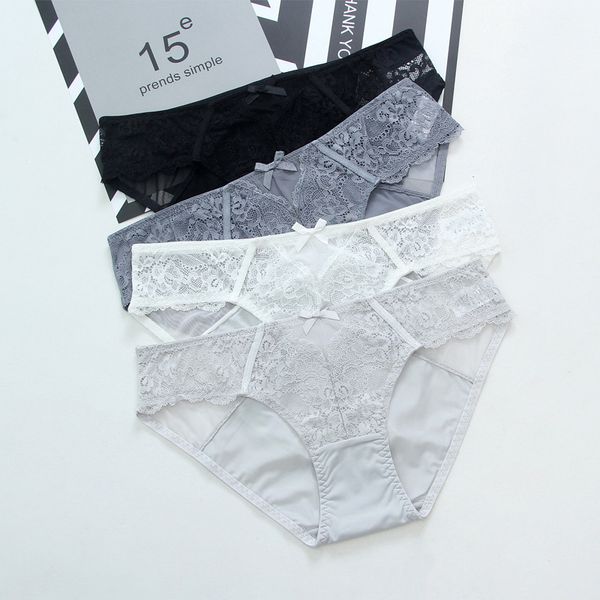 

underwear female transparent low waist lace mesh milk silk soft silky breathable briefs black and white, Black;pink