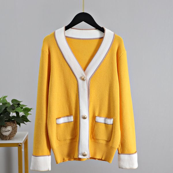 

2021 new oversized knit women sweater v neck loose elegant thicken pull femme color block woman cardigan with pocket a2qk, White;black