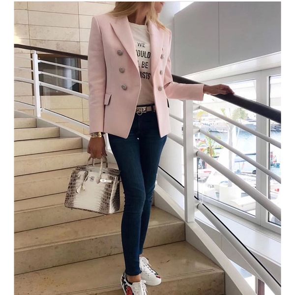 Top Quality Star Elegante Designer Blazer Jaqueta para Mulheres Silver Leão Botões Duplo Breasted Pink Blazer Tamanho S-XXXL T200817