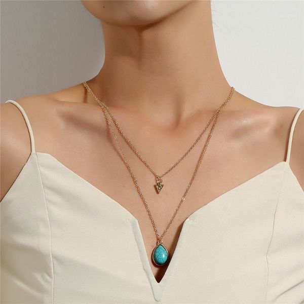 

chokers geometric water drop triangle pendant necklace bohemian statement fashion two layer chains natural stone for women gift1, Golden;silver