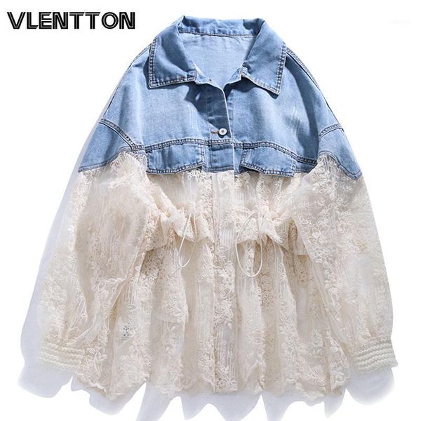 

2020 spring summer fashion lace patchwork denim jacket women casual loose zipper thin jeans sunscreen coat female outerwear1, Black;brown