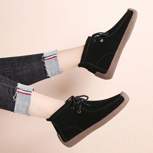 

Solid flats shoes women boots 2020 autumn shoes woman lace-up round toe genuine leather ankle boots women botas mujer #Se7f, Black